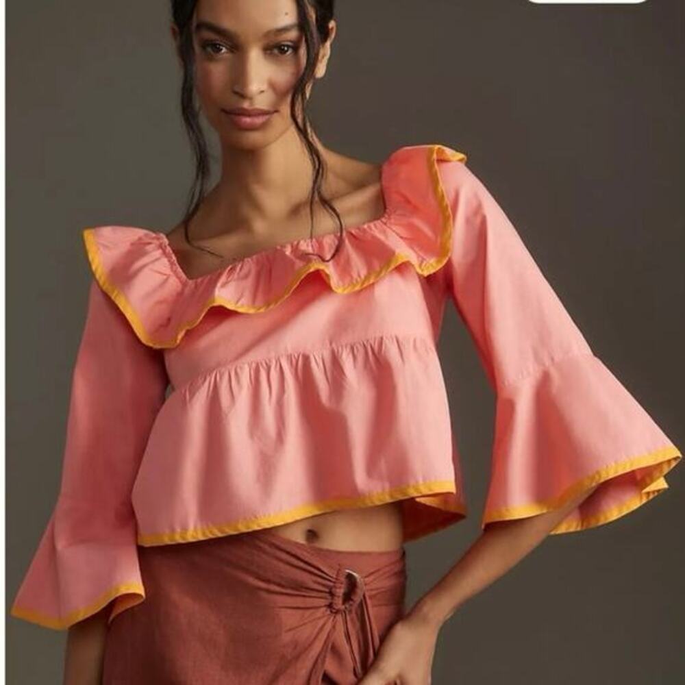 Anthropologie Maeve Babydoll Top XL Square-Neck Ruffle boho‎ cotton ruffle pink